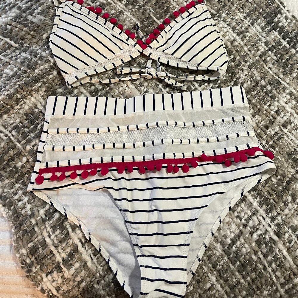 Nautical Striped Bikini Set w/ Pom Pom Trim – Size Small
